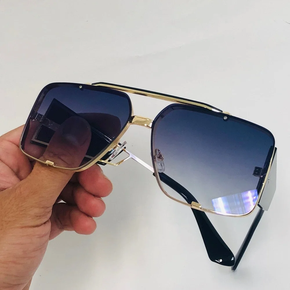 Mens Oversized Square Sunglasses Gold Frame Mirrored Blue Lenses Fashion Eyewear